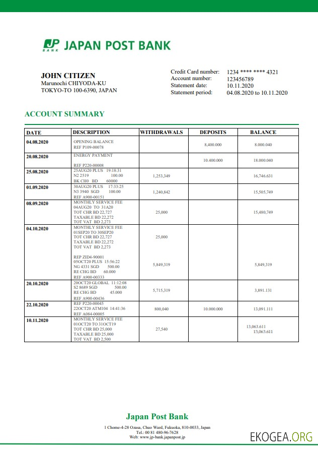 Modèle de relevé de la Japan Post Bank au format Word et PDF, bon pour prouver l'adresse